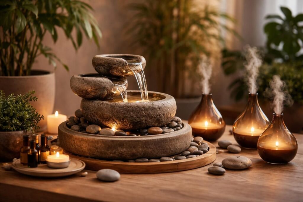 Créer atmosphère zen avec fontaine d’intérieur et diffuseurs huiles essentielles