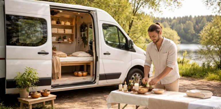 service de transport bien-être dédié aux praticiens, avec véhicule aménagé et matériel de médecine douce itinérante pour des soins mobiles et adaptés.